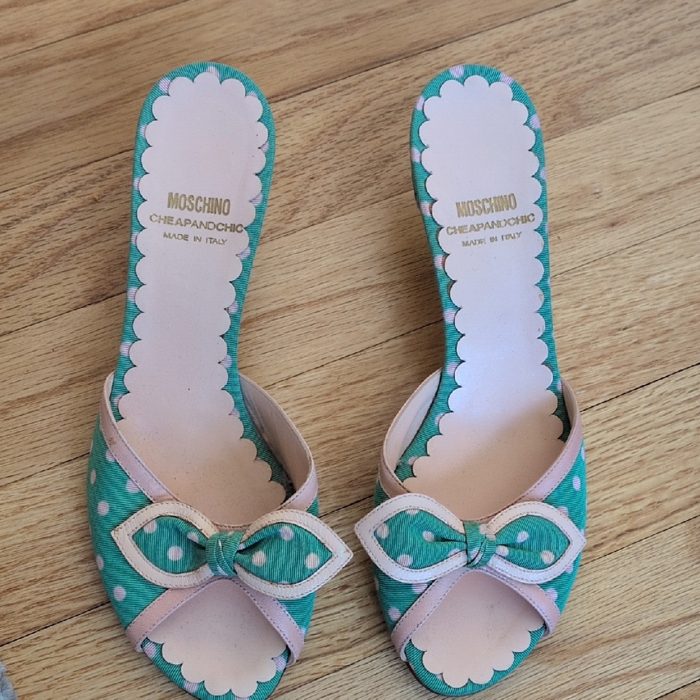 Moschino Teal and White Polka Dot Mules